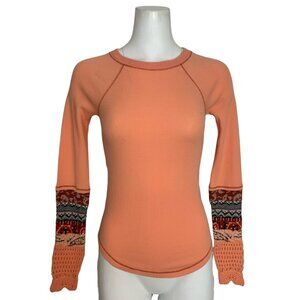 Free People In The Mix Cuff Thermal Top XS Desert Orange Combo Long Sleeve Crew